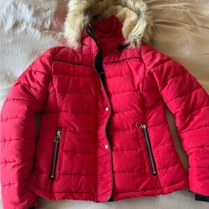 Women's Red Puffer Jacket with Faux Fur Hood